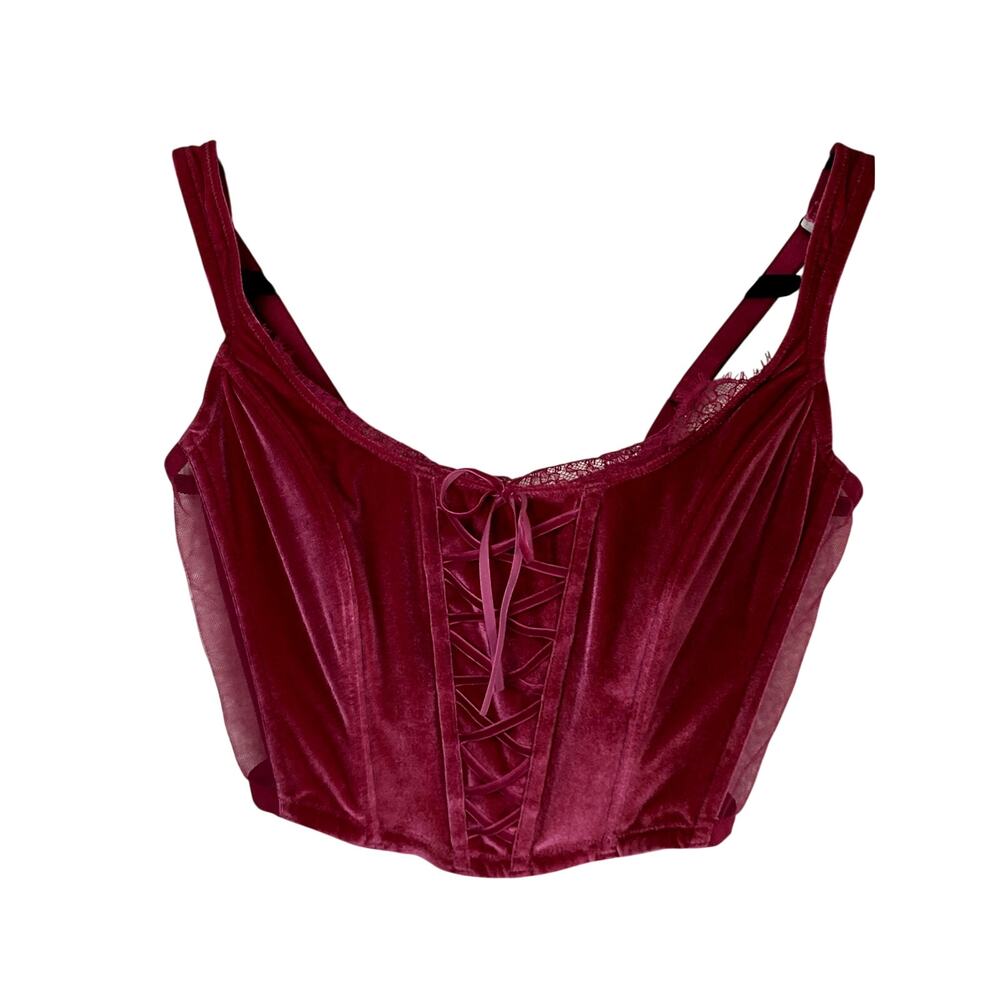 Victoria's Secret unlined lace-up pink velvet corset top.
